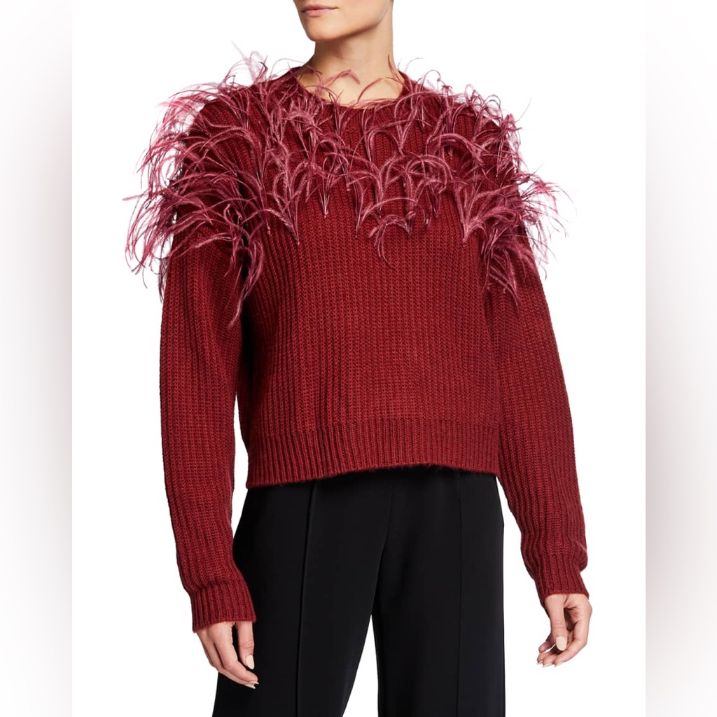 Cinq-A-Sept Crew Neck Ostrich Feather Red / Burgundy Sweater - Small